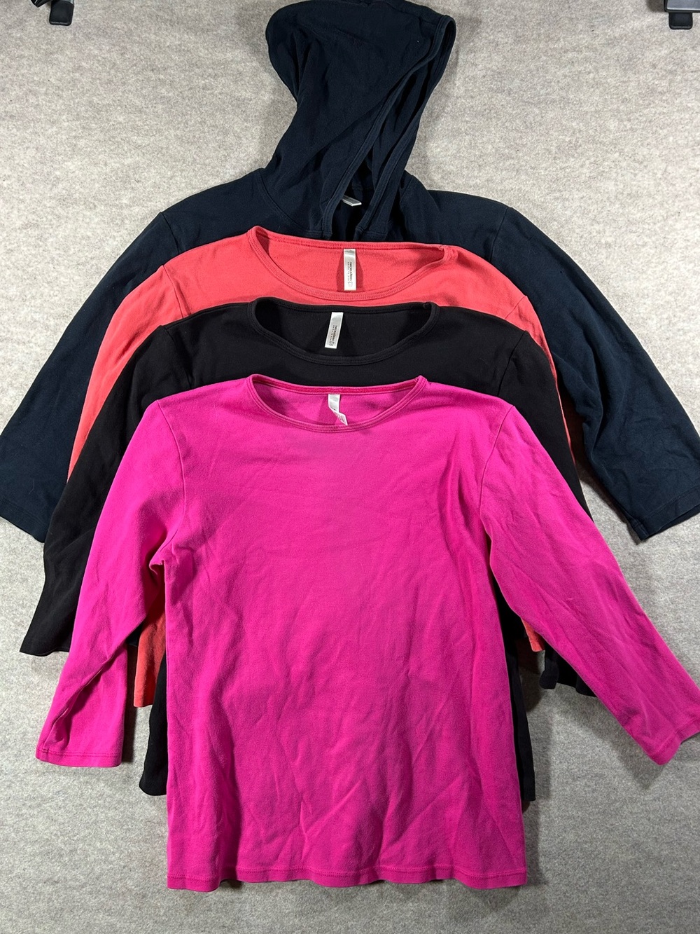 Necessitees 4-Pack Crewneck Tops with Visible Labels - Coral, Black, Fuchsia